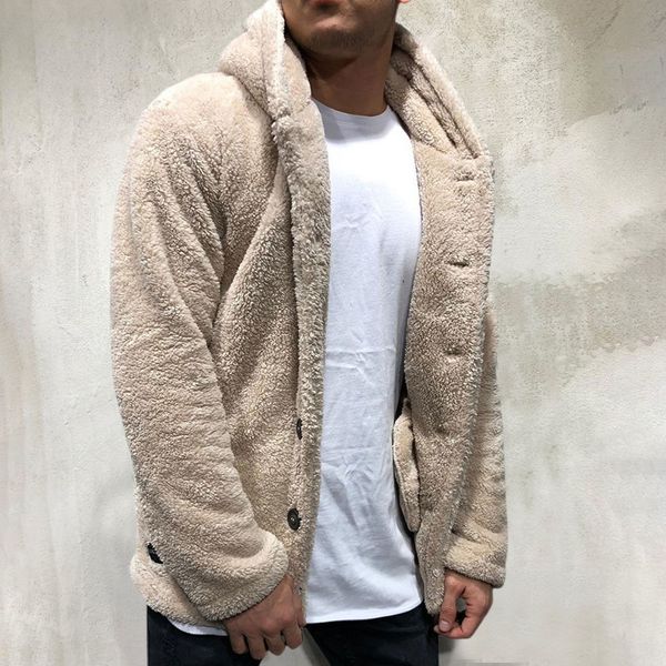

men's jackets coat fluffy fleece thick warm windbreaker jacket long sleeve hooded plush buttons closure thicken men outerwear 221130, Black;brown