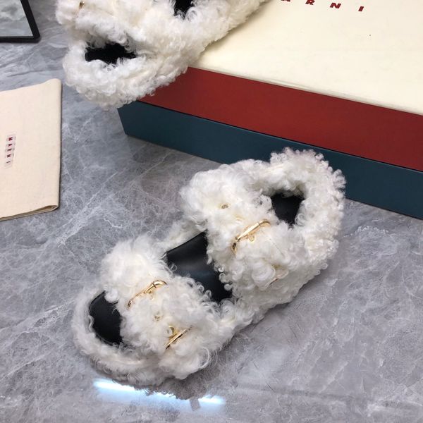 

fashion fur slippers women round toe horse hair slides female wool sandals mules shoes flat half slipper woman casual plush shoess35 36 37 3, Black