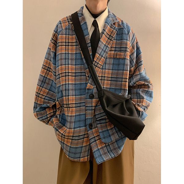 

men's wool blends winter thickened woolen coat fashion retro plaid jacket korean loose short s blazer m3xl 221129, Black