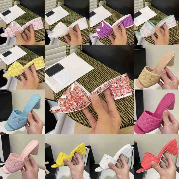 

sandals leather slippers mid heel slides flip flops party wedding shoes platform tweed charged women chunk designer high heels embroidery, Black