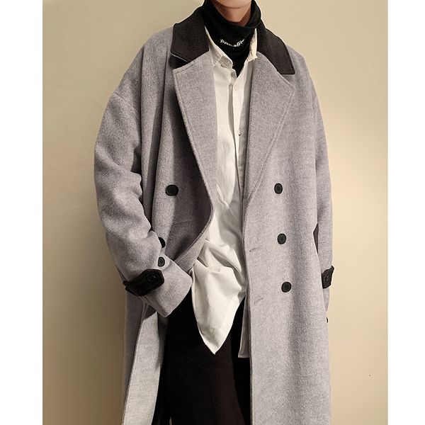 

men's wool blends legible autumn winter wool jacket men casual loose wool coats male korean solid long coat man 221129, Black