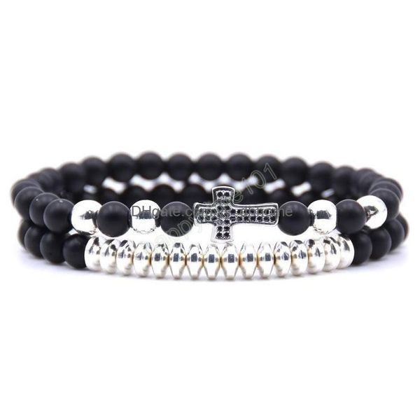 

charm bracelets rose gold sier plated cz micro pave cross charm beads strands bracelet 2pcs/set drop delivery jewelry bracelets dhs5t, Golden;silver