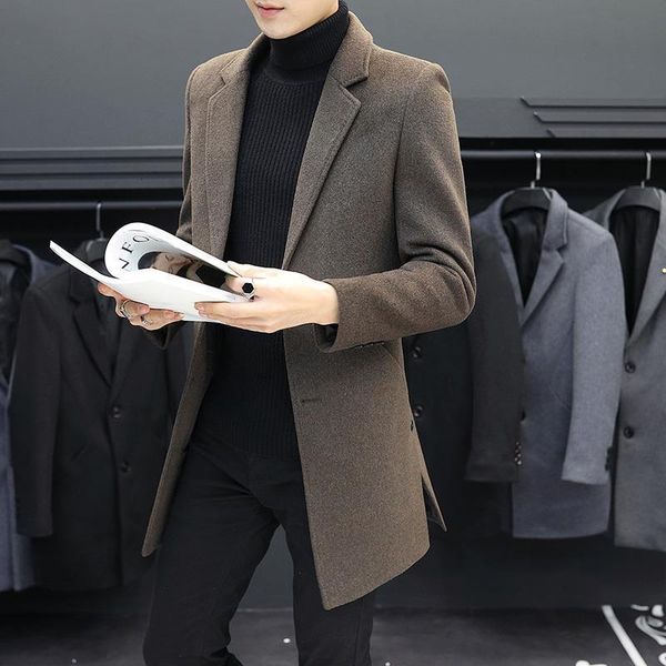 

men's wool blends spring and autumn mens jacket male overcoat casual solid color slim wool coats long cotton woolen coat streetwear q19, Black