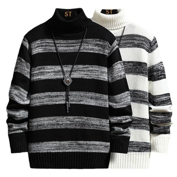

mens sweaters winter horizontal striped turtleneck sweater fashionable slim pullover pilling resistant thermal 221130, White;black