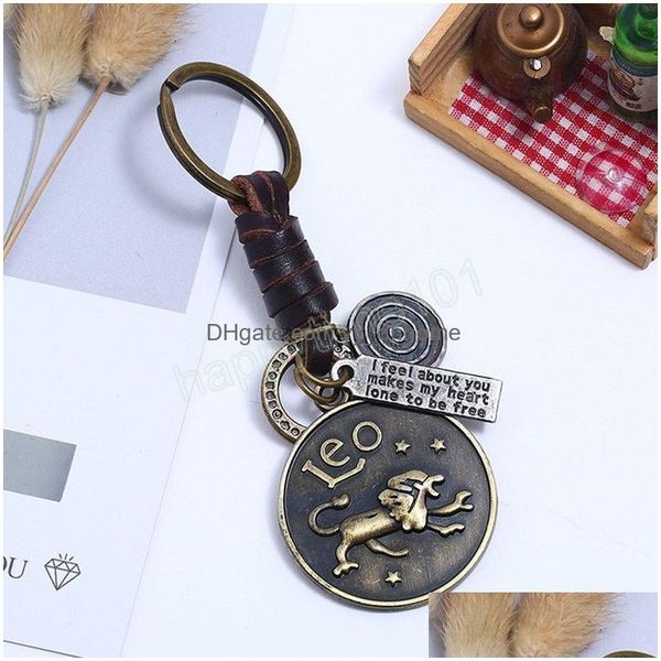 

key rings 12 constellation leather weave key chain pendant vintage animal zodiac scorpions keychain keyring punk men women birthday dh8nk, Slivery;golden