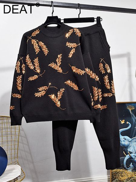 

women's two piece pants deat fashion autumn and winter heavy industry sequin leaf sweater knitted two piece suit women 11q264 221130, White