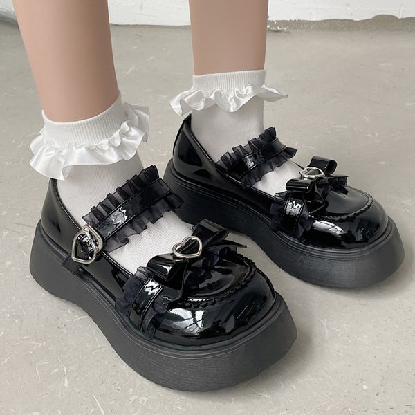 

dress shoes rimocy chunky platform mary jane for women patent leather lace ankle strap pumps woman autumn white lolita y2k 221129, Black