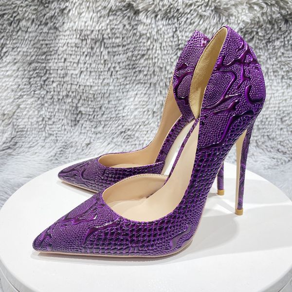 

2023 new designer red bottoms shoes fashion 3d purple crocodile effect women side cut pointy toe high heel shoe sandals d'orsay slip on, Black