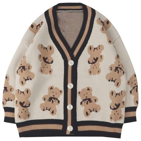 

men s sweaters harajuku cartoon bear print knitted cardigan sweater streetwear japanese style pattern button knit jacket coats spring 220930, White;black