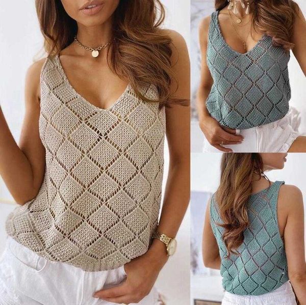 

womens knitwear 2021 summer new fashion casual vneck hollow out vest tshirt, White