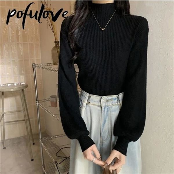 

womens knits tees sweater womens half turtleneck lantern sleeve solid color sweater knitted womens pullover autumn and winter drop 220930, White