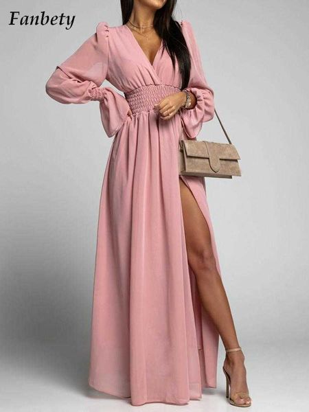 

party dresses women elegant solid color party dress 2022 summer fashion v-neck waist long dress ladies new casual long sleeve high slit dres, White;black