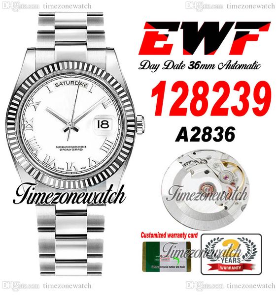 

ewf daydate 36mm 128239 a2836 automatic mens watch eta white dial roman markers oystersteel bracelet same serial card super edition timezone, Slivery;brown
