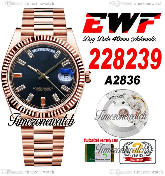 

ewf daydate 40 228235 a2836 automatic mens watch rose gold fluted bezel black colors baguette diamond president bracelet same serial card su, Slivery;brown