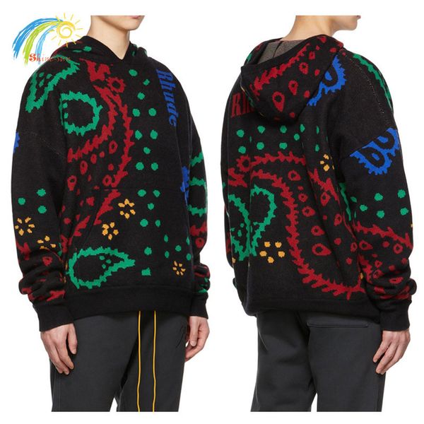 

men s sweaters style cashew flower jacquard rhude sweater men women vintage knitted hoodie fw pullover hooded 220930, White;black