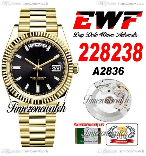 

ewf daydate 228238 a2836 automatic mens watch yellow gold fluted bezel black stick dial president bracelet same serial card super edition ti, Slivery;brown