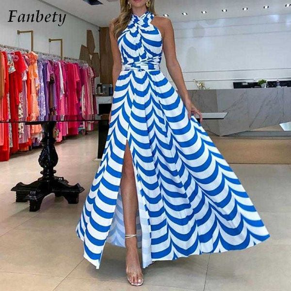 

party dresses fashion striped print criss-cross backless dress women summer halter split hem long dress new elegant sleeveless maxi dress t2, White;black