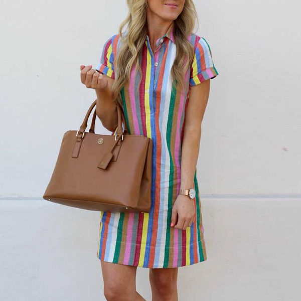

casual dress 2022 new stripe lapel short sleeve button womens wear, Black;gray
