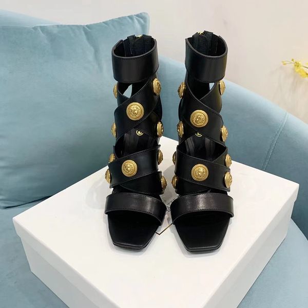 

french lady sandals in europe and america leather buttons yard with open toe, Black