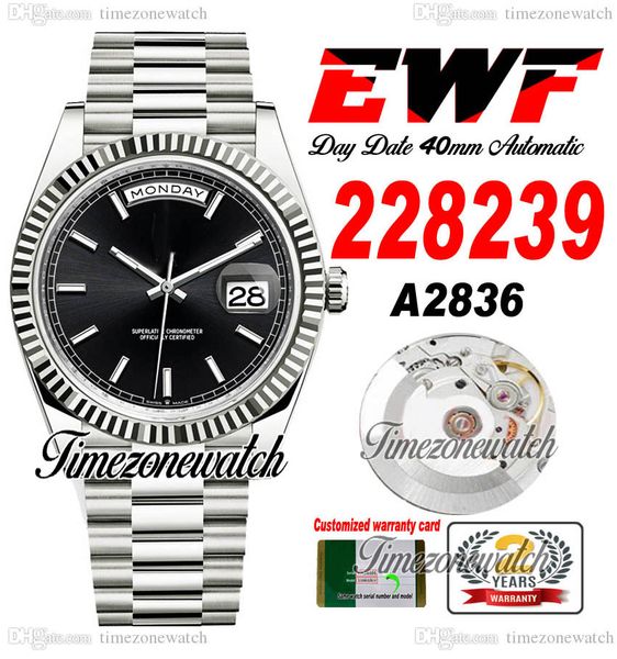 

ewf daydate 228398 a2836 automatic mens watch flute bezel black dial white stick markers president bracelet same serial card super edition t, Slivery;brown