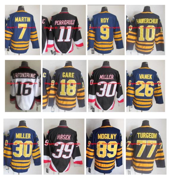 

vintage ccm dominik hasek sabres hockey jersey rick martin derek roy gilbert perreault dale hawerchuk danny gare rasmus dahlin ryan miller p, Black;red