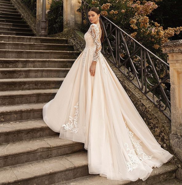 

sheer crew neck ball gown wedding dresses see through button back long sleeves appliques new vintage luxury lace vestios de novia bridal gow, White