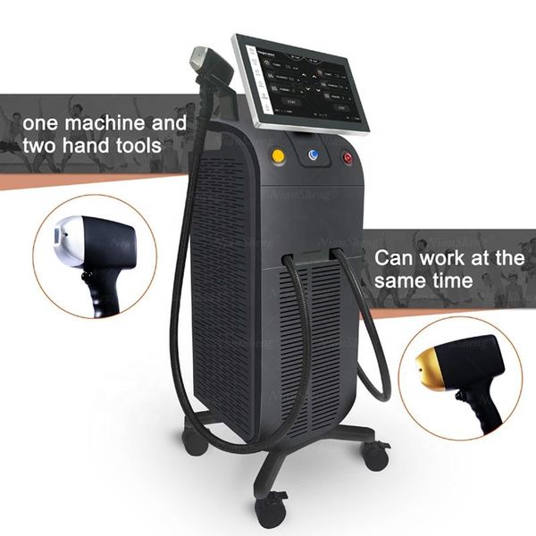

professional diode laser machine hair removal machines 2 handle can work at the same time 3 wavelength 600w 755nm 808nm 1064nm three wave ma, Black