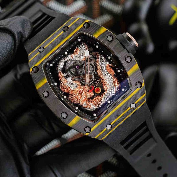 

multi-function superclone watches wristwatch designer richa milles carbon fiber dragon tiger wine barrel mens automatic mechanical watch hol, Slivery;golden