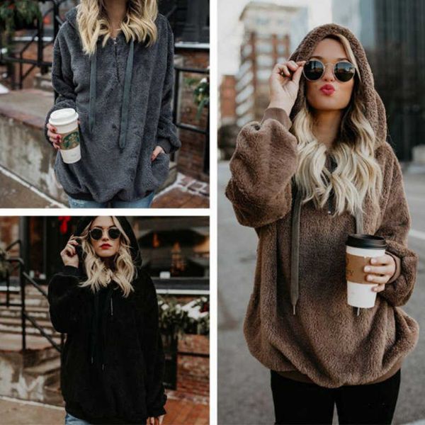 

ms. sweater autumn and winter new plush women's long sleeve hooded loose, White;black