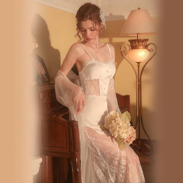 

pyjama s nightgown long lace suspender nightdress sweet comfortable pajamas laceup robe solid color women homewear suit 220930, Red;black