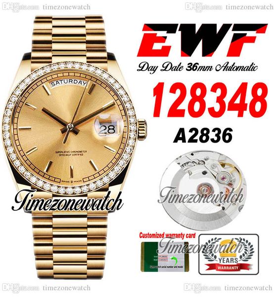 

ewf daydate 128348 a2836 automatic mens watch yellow gold diamonds bezel champagne stick dial oystersteel bracelet same serial card super ed, Slivery;brown