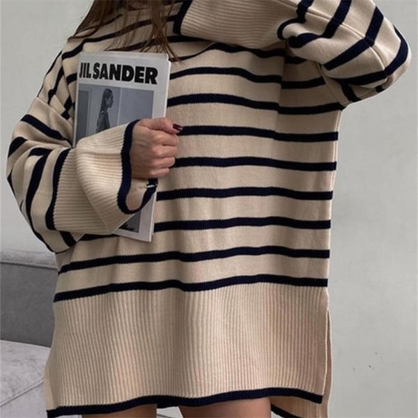 

womens knits tees striped split turtleneck women sweater casual long sleeve knitted oversized pullover autumn winter fashion female jumper, White