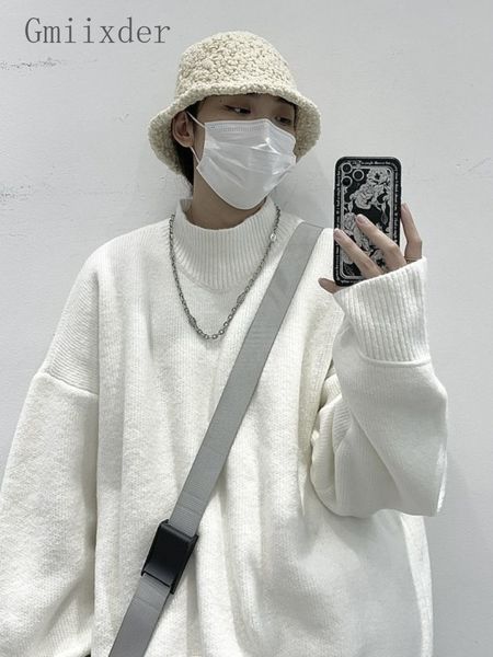 

men s sweaters gmiixder knitwear pullover men s hong kong style trendy handsome simple semi high collar solid grunge white sweater 220930, White;black