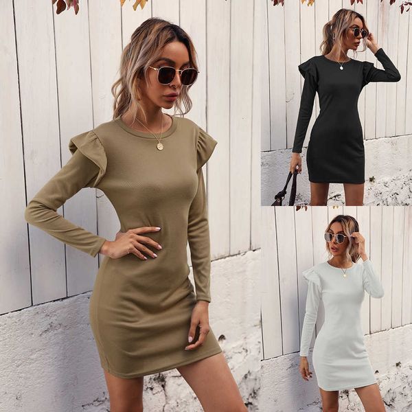 

casual dress womens spring and autumn slim round neck long sleeve, Black;gray