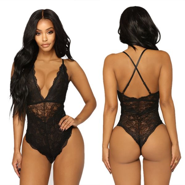 

pyjamas nufey umderwear for women lingerie lace bodysuit deep v teddy babydoll nuisette sexxy femme taill 220930, Red;black