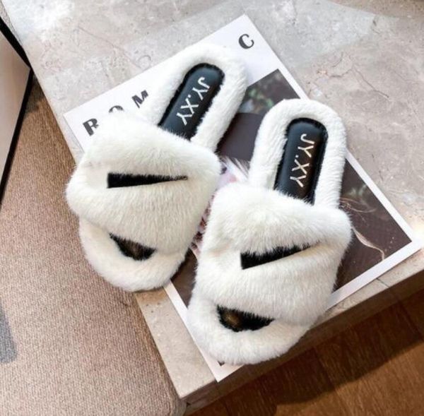 

winter fur slippers for home women indoor sport brand full furry soft fluffy plush platform flat slippers luxury designer slides house shoes, Black