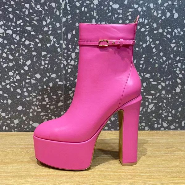 

rose red thick ankle boots with belt buckle decoration cowhide double waterproof platform high heel fashion boots 14.5cmknightboots designer, Black