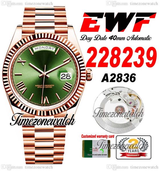 

ewf daydate 40 228235 a2836 automatic mens watch rose gold fluted bezel green dial roman markers president bracelet same serial card super t, Slivery;brown