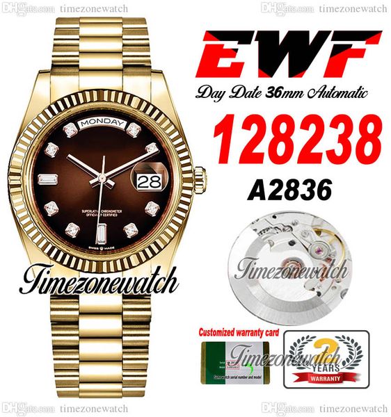 

ewf daydate 36mm 128238 a2836 automatic mens watch yellow gold brown dial diamonds markers oystersteel bracelet same serial card super editi, Slivery;brown