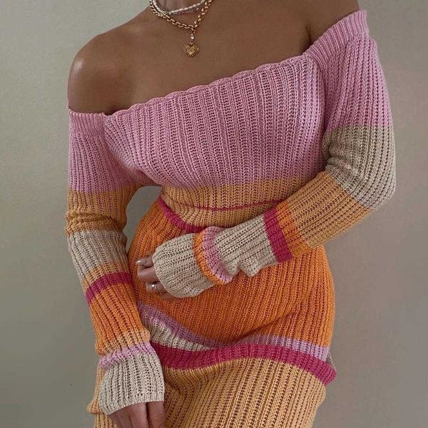 

casual dress 2022 long contrast y2k off the shoulder hollow out beach sleeve knitted stripe women, Black;gray