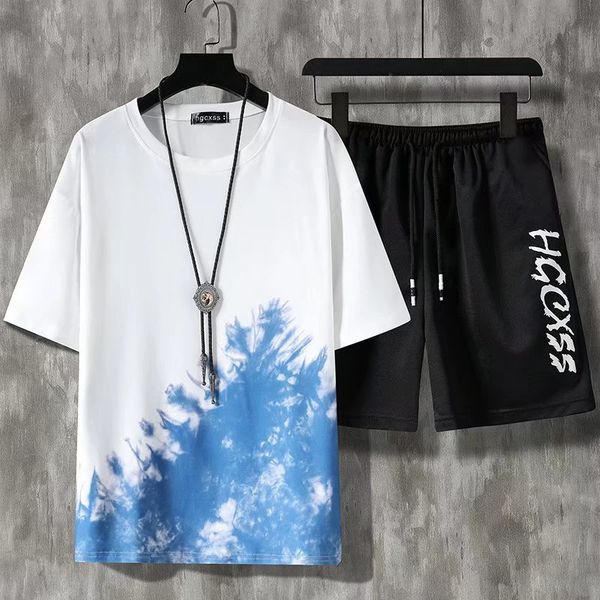 

men casual tracksuit new summer harajuku sets men's sportswearjogger short set t-shirts short two pieces sports suit printing, White;black