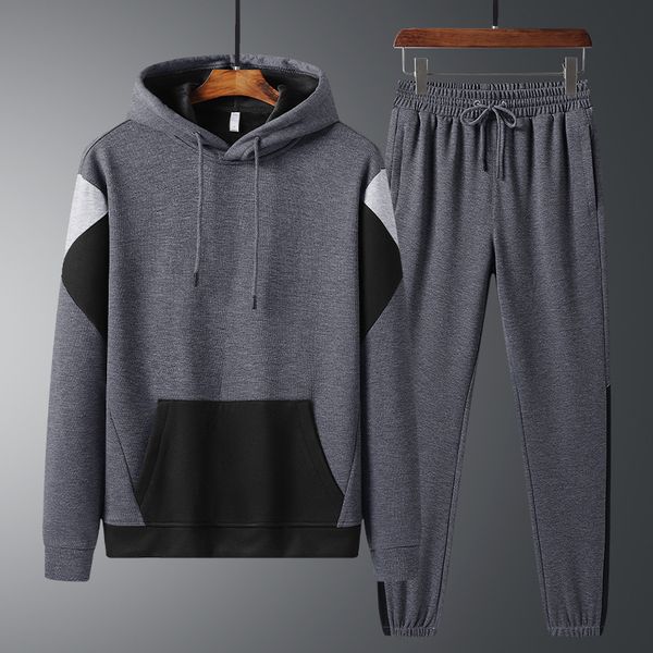 

men's tracksuits mens tracksuit autumn winter plus fleece patchwork pocket hoodies sweatpants two piece sets casual men sports suit 220, Gray