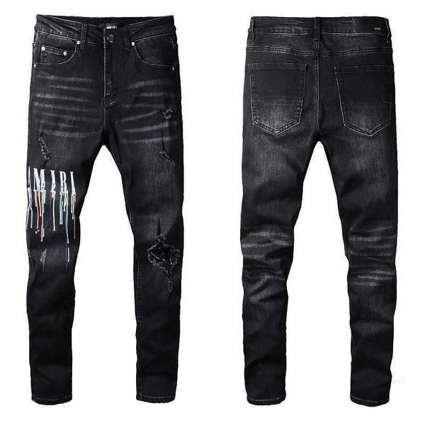 

denim amirs jeans designer pants man fall trendy brand new men's black broken embroidery patch elastic slim leggings sx1t, Blue