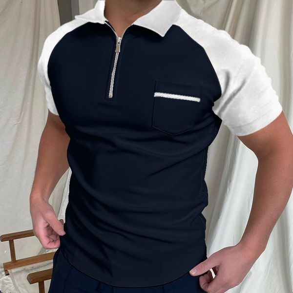 

summer new men polo shirts short sleeve casual slim patchwork polos mens zipper lapel tees shirts fashion outwear clothing, White;black