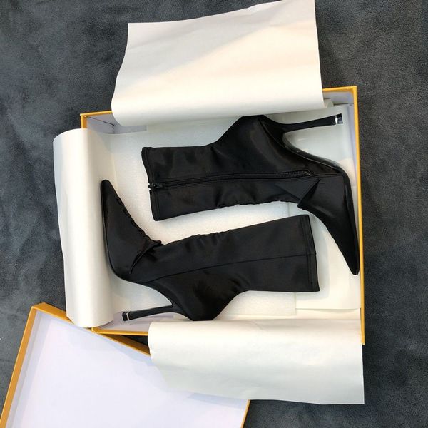 

2022 new silk square head high heel slim leg elastic short boots european and american fashion slim heel net red women's boots, Black