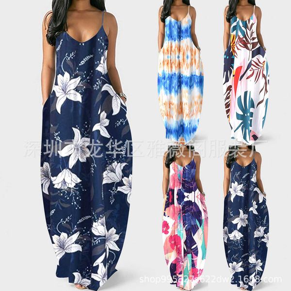 

womens knitwear 2022 summer new large printed deep v suspender dress, White