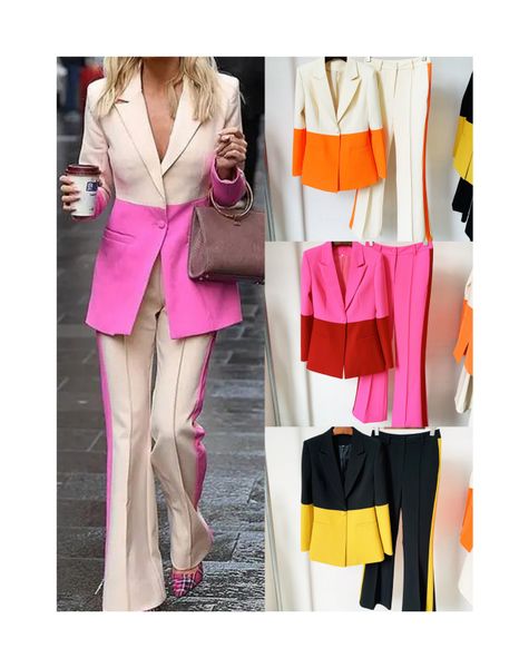 

high-quality office lady classic suits hit-color one button blazer and flare pants, White;black