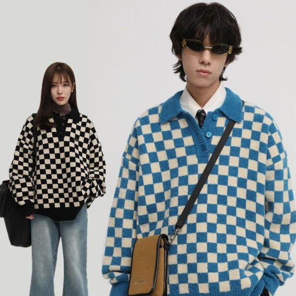 

men s sweaters zazomde plaid men retro chic oversize v neck long sleeve knitted outerwear harajuku high street couple pllover 220930, White;black