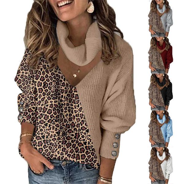 

women's knitwear autumn and winter 2022 new leopard print color matching temperament v-neck loose neck hollowed out sweater, White
