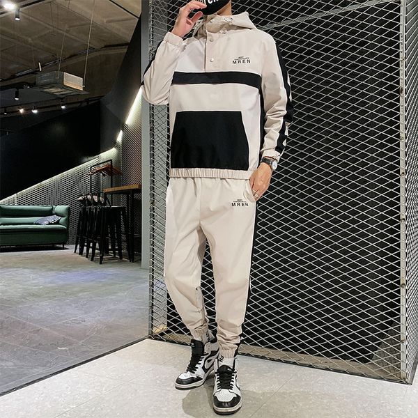 

men's tracksuits men's two piece set sportswear sweatpants outfit set autumn men stand collar tracksuit patchwork color mens cloth, Gray